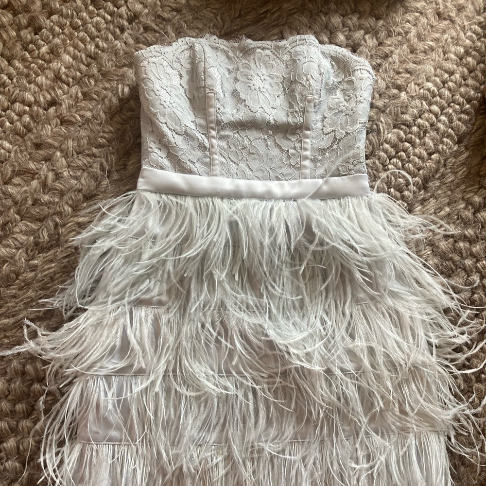 Bebe feather light blue dress. Used but in great condition.